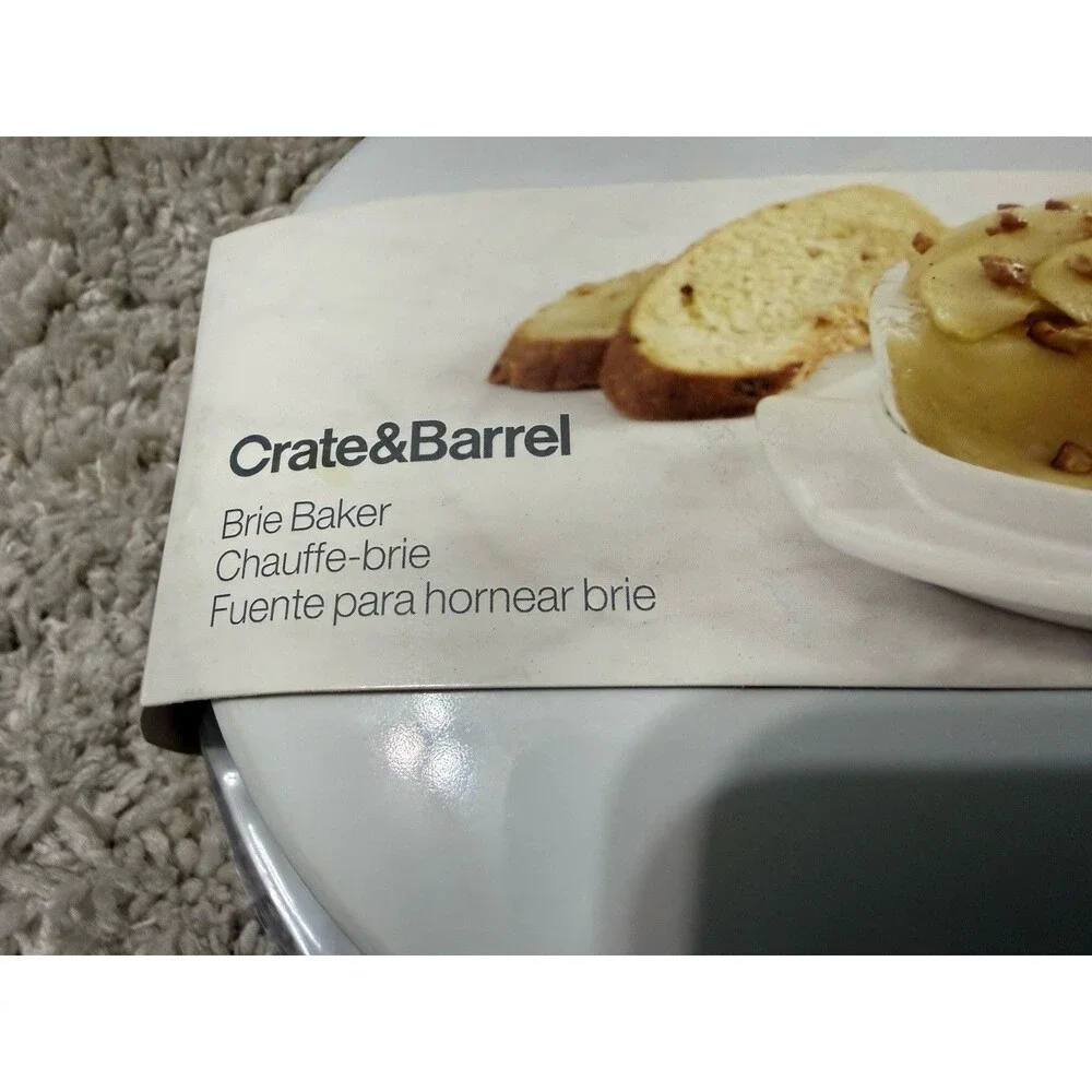 Crate & Barrel Brie Cheese Baking Dish Server Keeper White Stoneware NEW